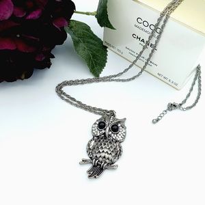 Owl Pendant Necklace Pewter Tone Metal Faux Onyx Crystal Inlaid Long 32" Bling
